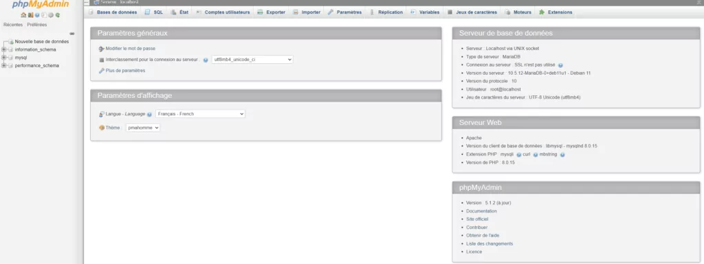 page d'accueil de phpmyadmin